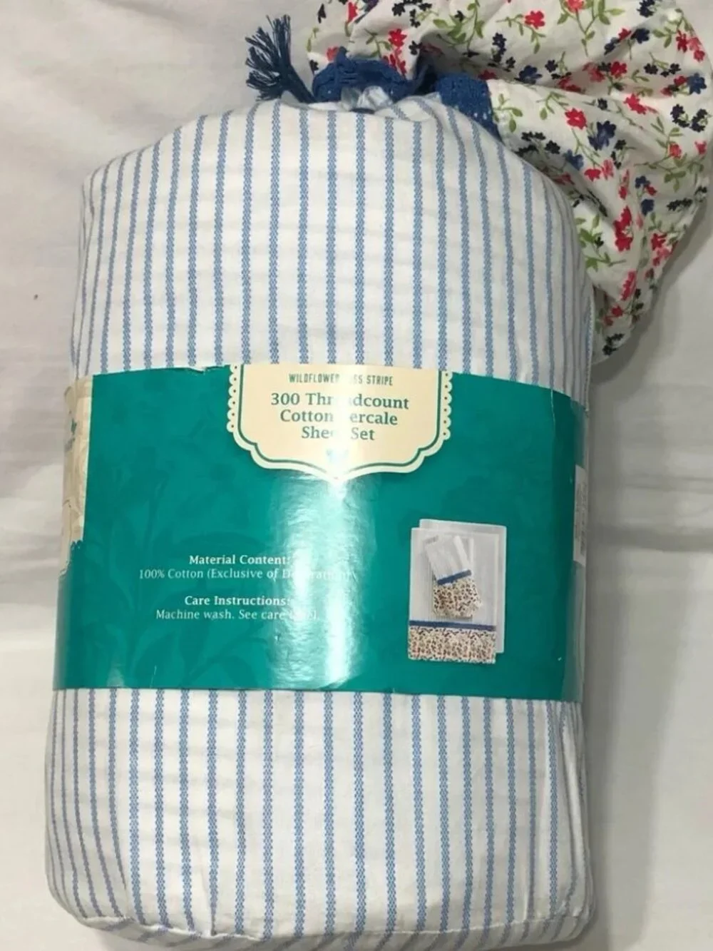 Pioneer Woman 100% cotton 4 pc Full Sheet Set White Blue Stripes wildflowers nwt